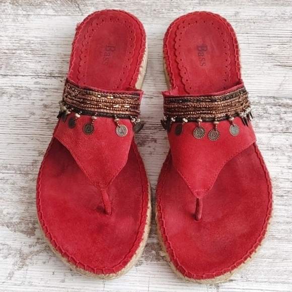 🟥Bass Red Suede Leather Beaded Sandals - Picture 4 of 8